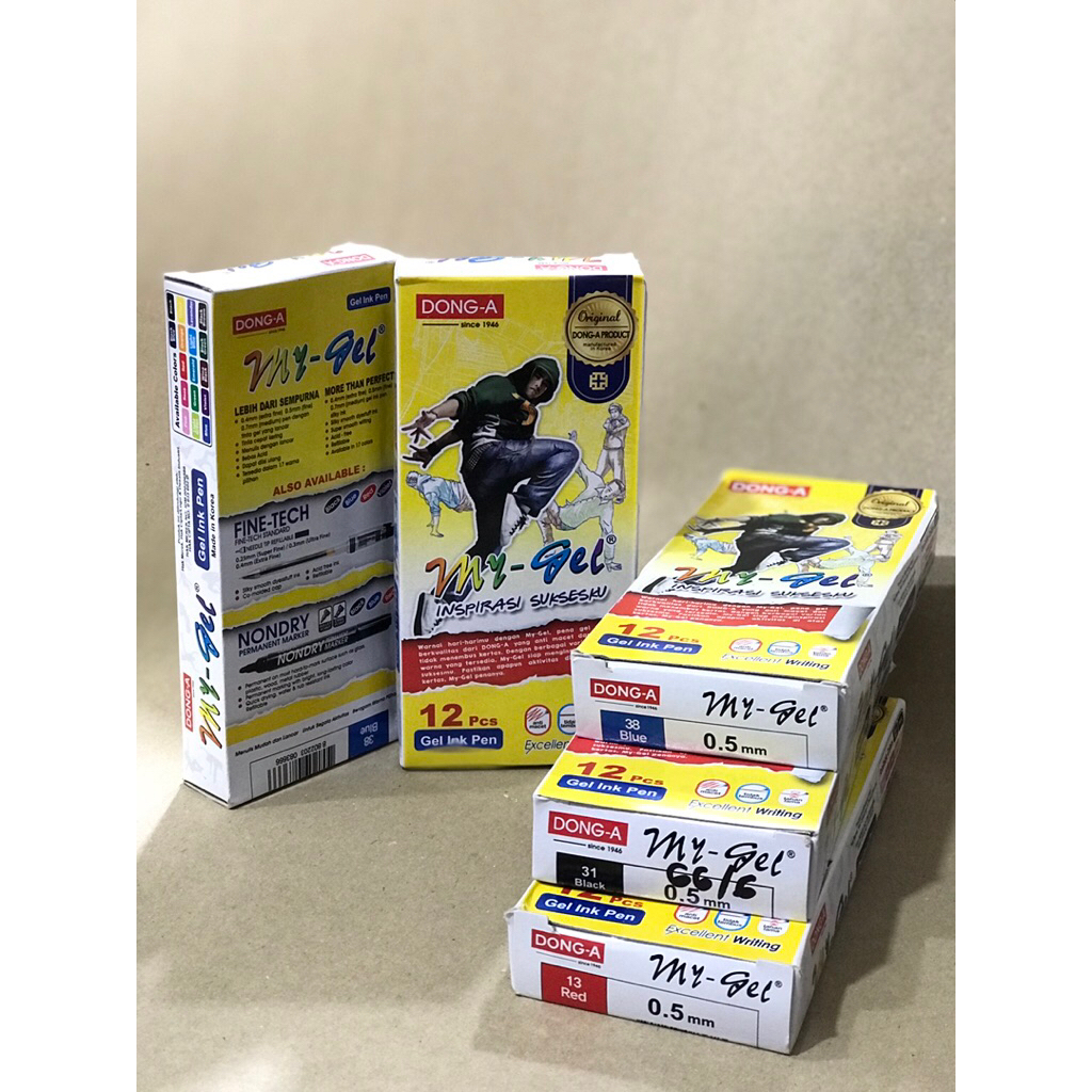 PENA / PULPEN MY GEL DONG-A 0,5mm 1 KOTAK (12PCS) ORIGINAL WARNA HITAM/MERAH/BIRU
