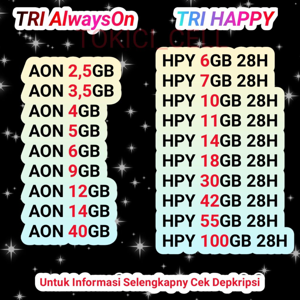 Injek Tri Aon 2,5GB, 3,5GB, 6GB, 9GB, 12GB, 26GB, 40GB ( MURAH ) PAKET AON MASA AKTIF KUOTA 1 TH