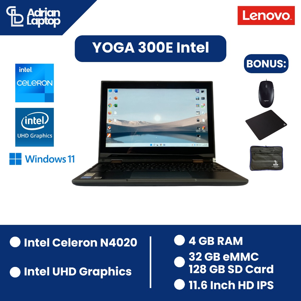 Lenovo 300E | Intel Celeron N4020 | Flip 360 Derajat | Layar Touchscreen
