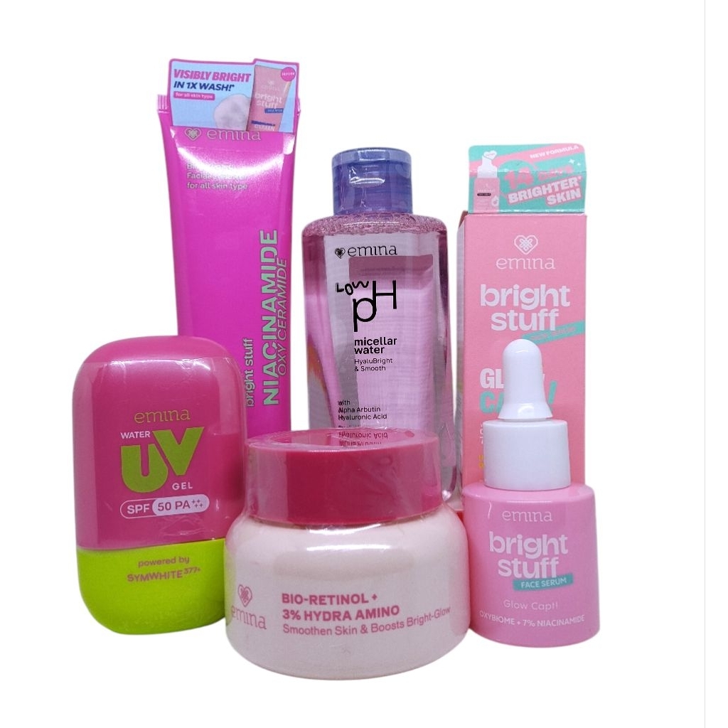 Emina Paket Perawatan Kulit Lengkap - Bright Stuff, Bio-Retinol, Water UV Gel SPF 50 PA++, & Micella