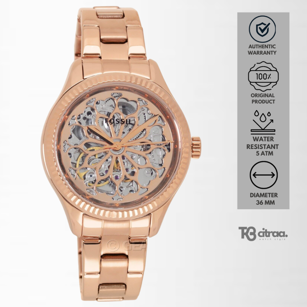 Jam Tangan Wanita Fossil Rye Automatic Rose Gold Stainless Steel Mewah Original BQ3754