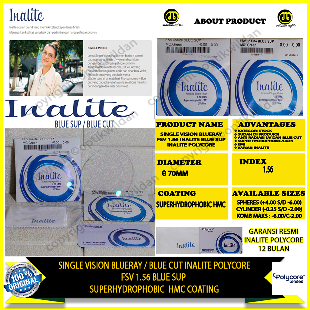 POLYCORE INALITE SINGLE VISION BLUE CUT/BLUERAY FSV 1.56 INALITE BLUE SUP