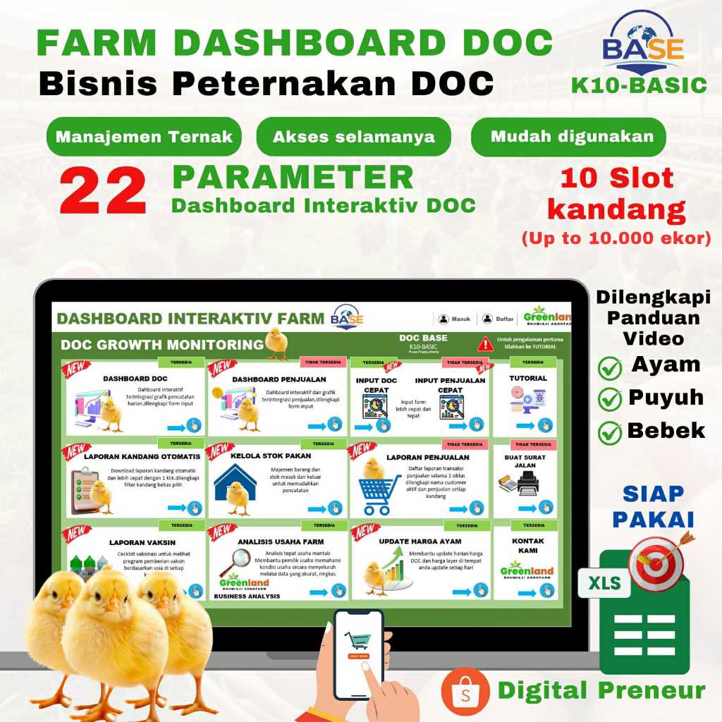 FARM DASHBOARD K10 BASIC.Expert.Dashboard DOC ayam petelur,broiler,pedaging,kub,elba,ayam kampung