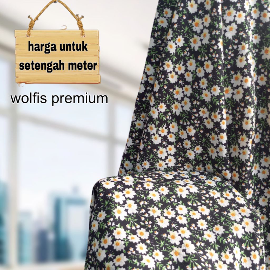 Kain Wolfis Premium Motif Bunga Dasar Hitam Harga Untuk Setengah Meter Lebar Kain 150 Cm