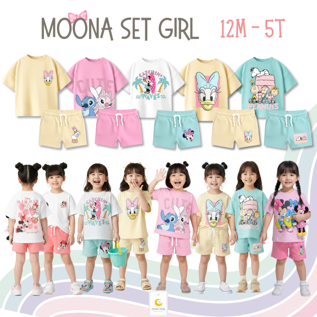 SET SETELAN BAJU KAOS CELANA PENDEK ANAK BALITA PEREMPUAN CEWEK BRANDED MOONA  SIZE 12M 18M 2T 3T 4T