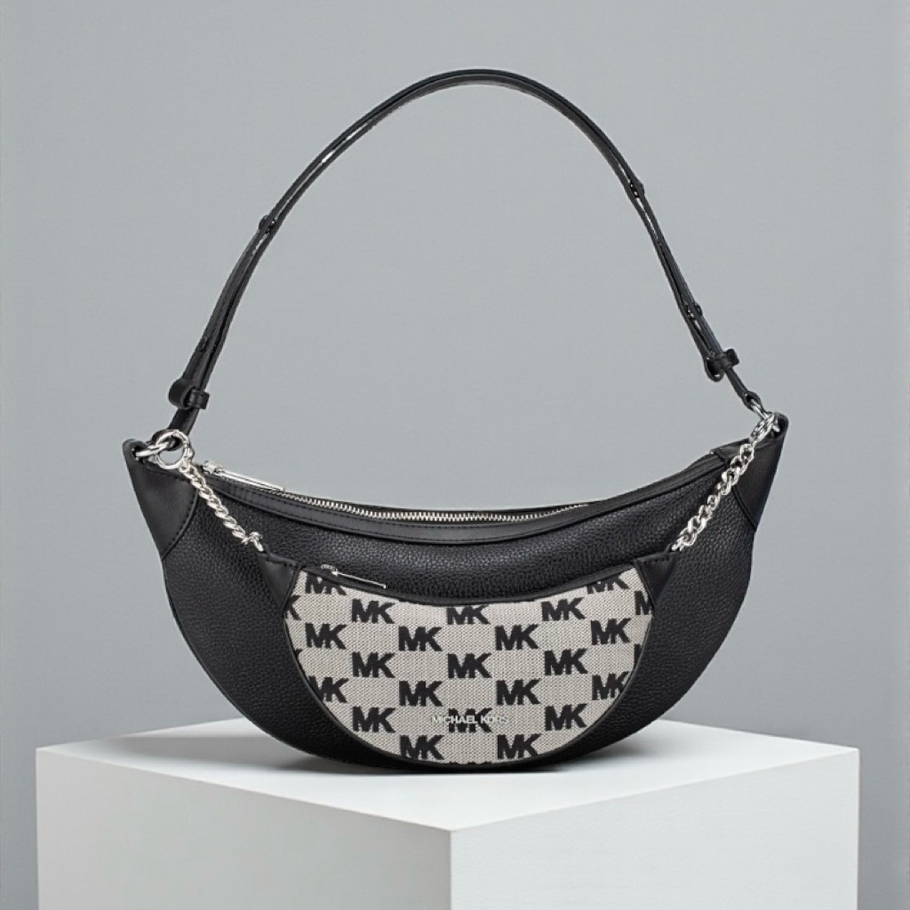 BRAND NEW MICHAEL KORS MK Hollis 2-in-1 Medium Pebbled Leather and Logo Jacquard Half Moon Shoulder 