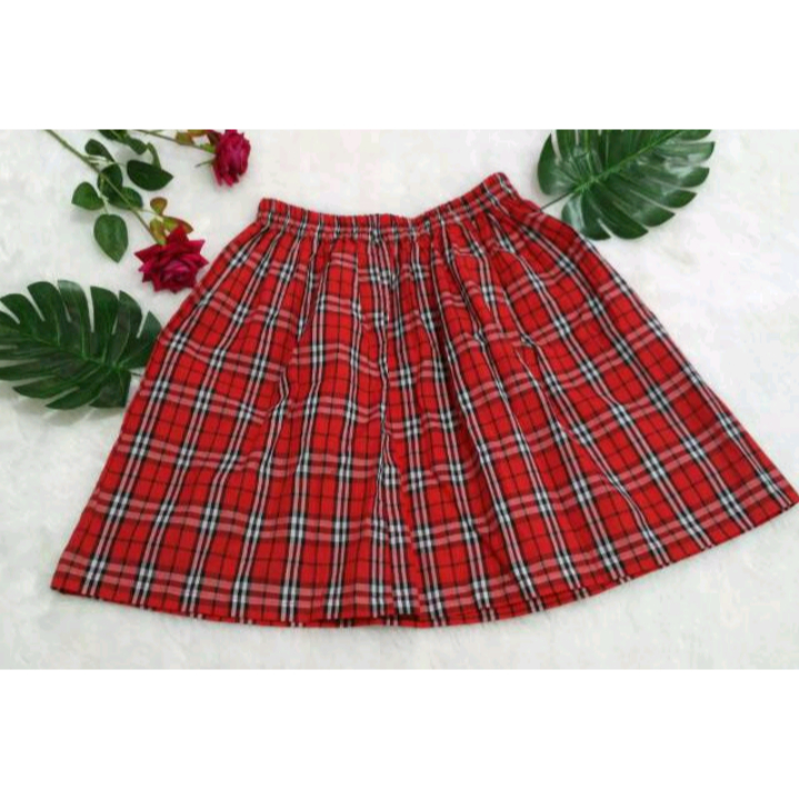 ROK TARTAN MERAH PLAID PLEATED SKIRT STRETCH KOTAK KOTAK MELAR HARAJUKU JAPAN JEPANG STYLE LIPAT SEK