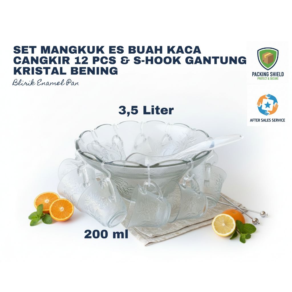 Set Mangkuk Cangkir Es Buah Kaca Tebal 12 pcs Cup & S-Hook Gantung - Kristal Bening Mewah Anti Pecah