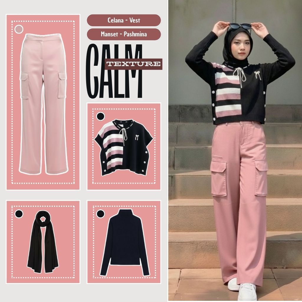 Setelan Baju Wanita Korean Style ( Vest Rajut + Manset + Celana Cargo + Pasmina ) One Set - 051