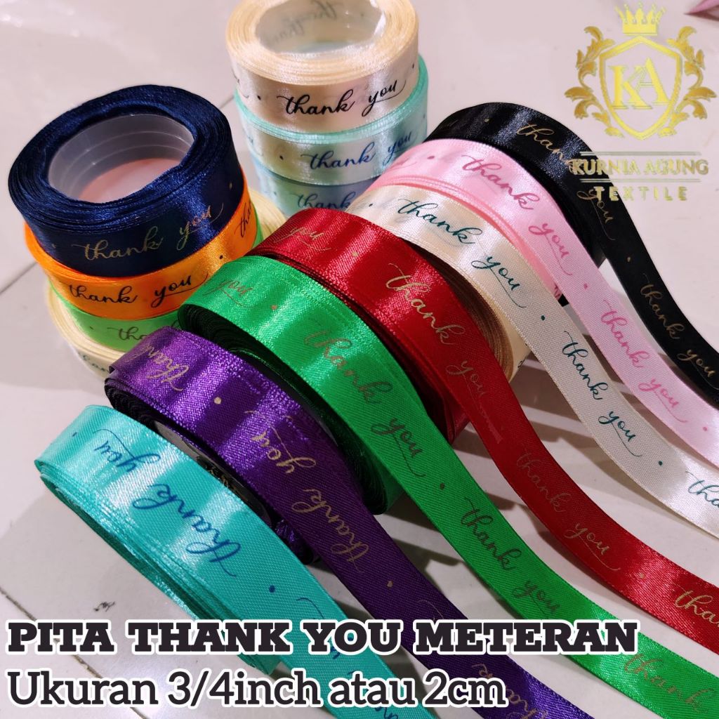 Per METER Pita Satin Tulisan (Thank You) Terima Kasih meteran / Pita satin ukuran 2cm ( 3/4 Inch ) H