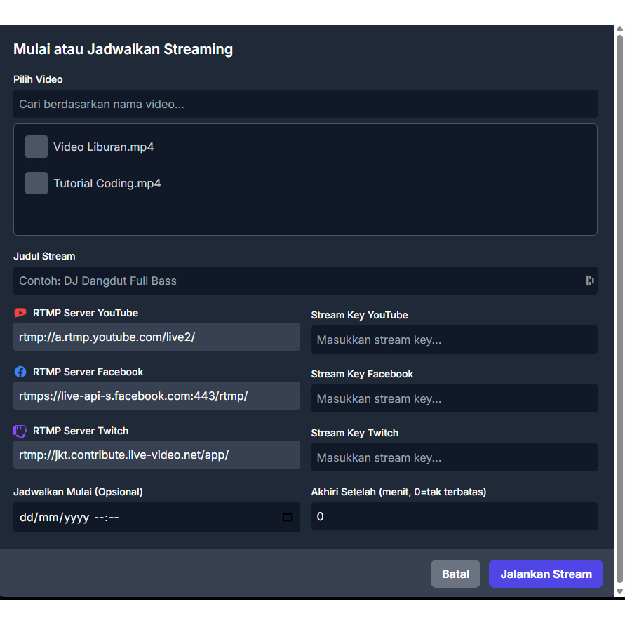 Software Multi Live Streaming Looping Youtube + Facebook + RDP Non Stop 24 Jam 1 Bulan Penuh Bisa Di