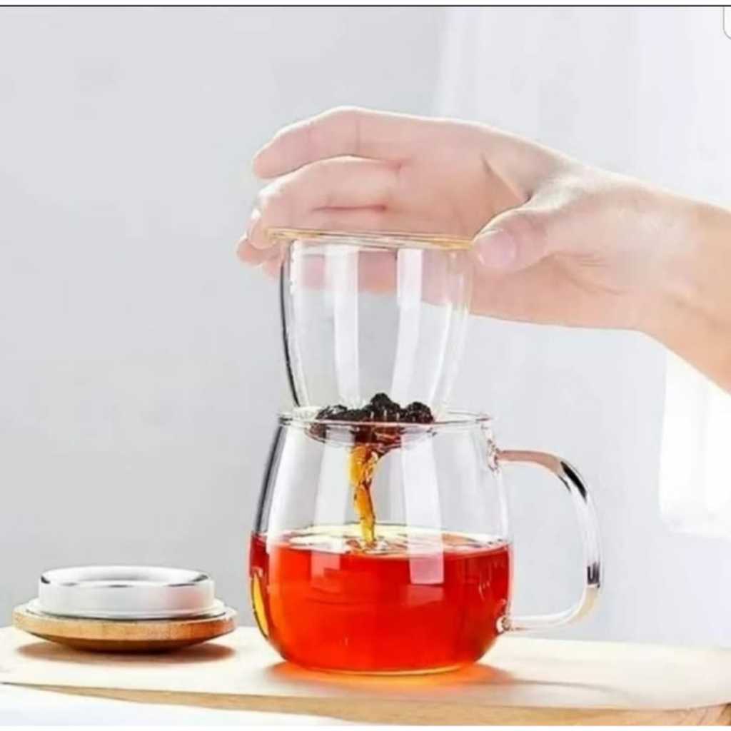 Gelas saringan kaca / gelas teh saringan / gelas rempah saringan tutup kayu