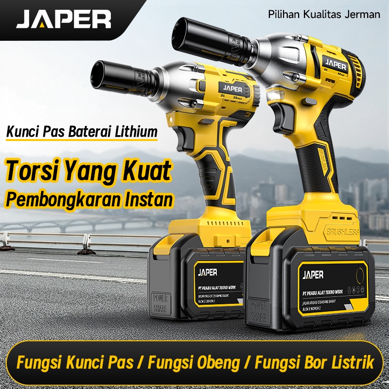 JAPER Impact Wrench Brushless bor baterai bor listrik impact 2 baterai Untuk Baut Mobil
