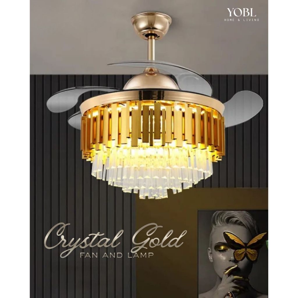 yobl ceiling fan and lamp crystal gold kipas lampu