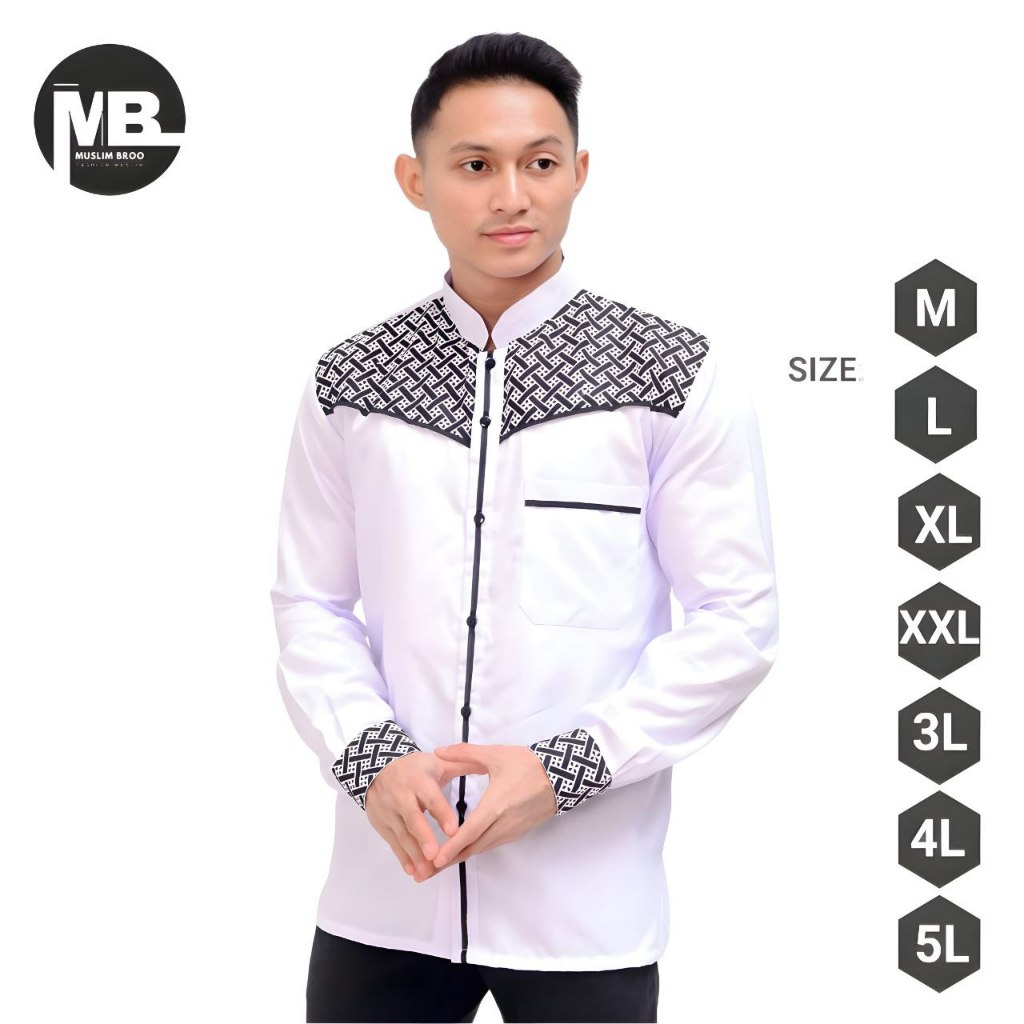 Baju Koko Muslim Jumbo M-5XL Lengan Panjang Manset Kancing Bahan Katun Kombinasi Batik Bordir Mewah 