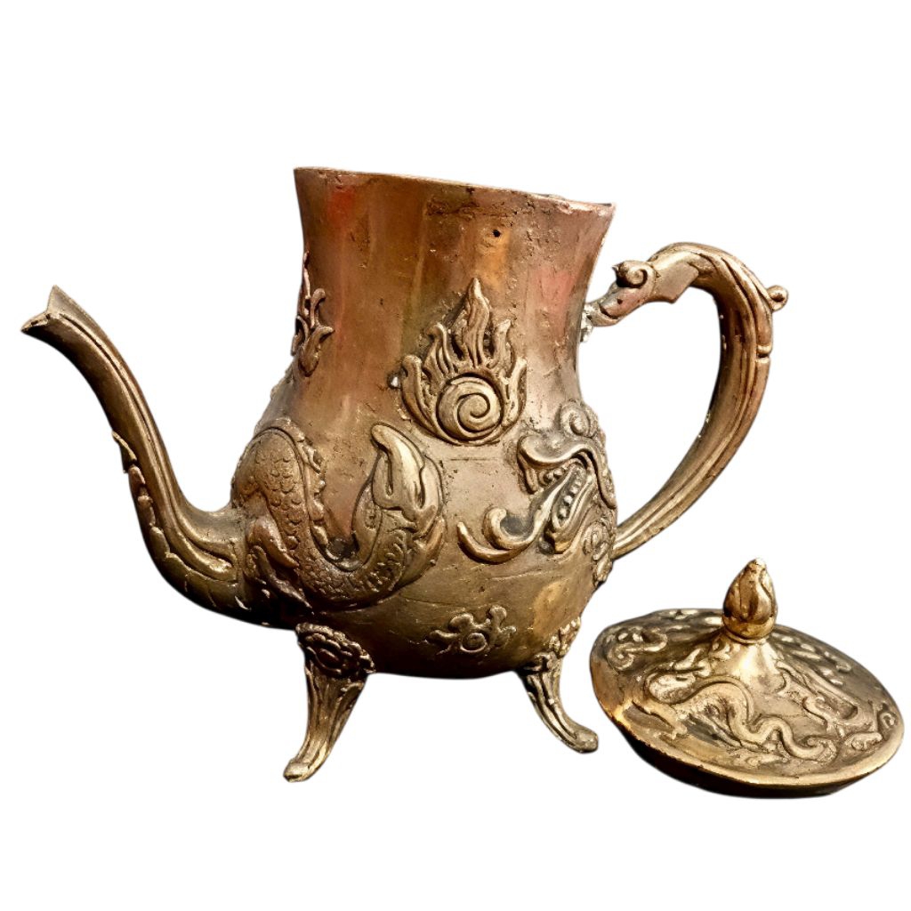 Teko Kuningan Antik Motif Naga Ukir | Pajangan Vintage Klasik Dekorasi Rumah Koleksi Seni Logam