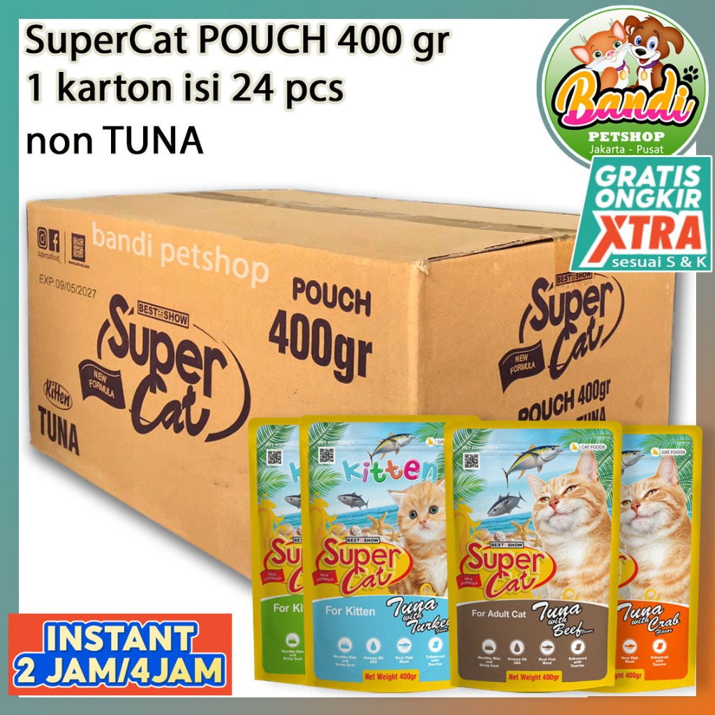 SUPERCAT Pouch 400 g, non TUNA Adult & Kitten PAKET 1 karton isi 24 makanan basah, wet food super ca