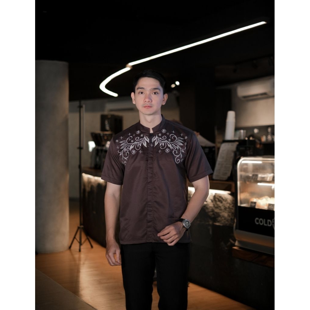 baju koko lengan pendek warna coklat kombinasi bordir