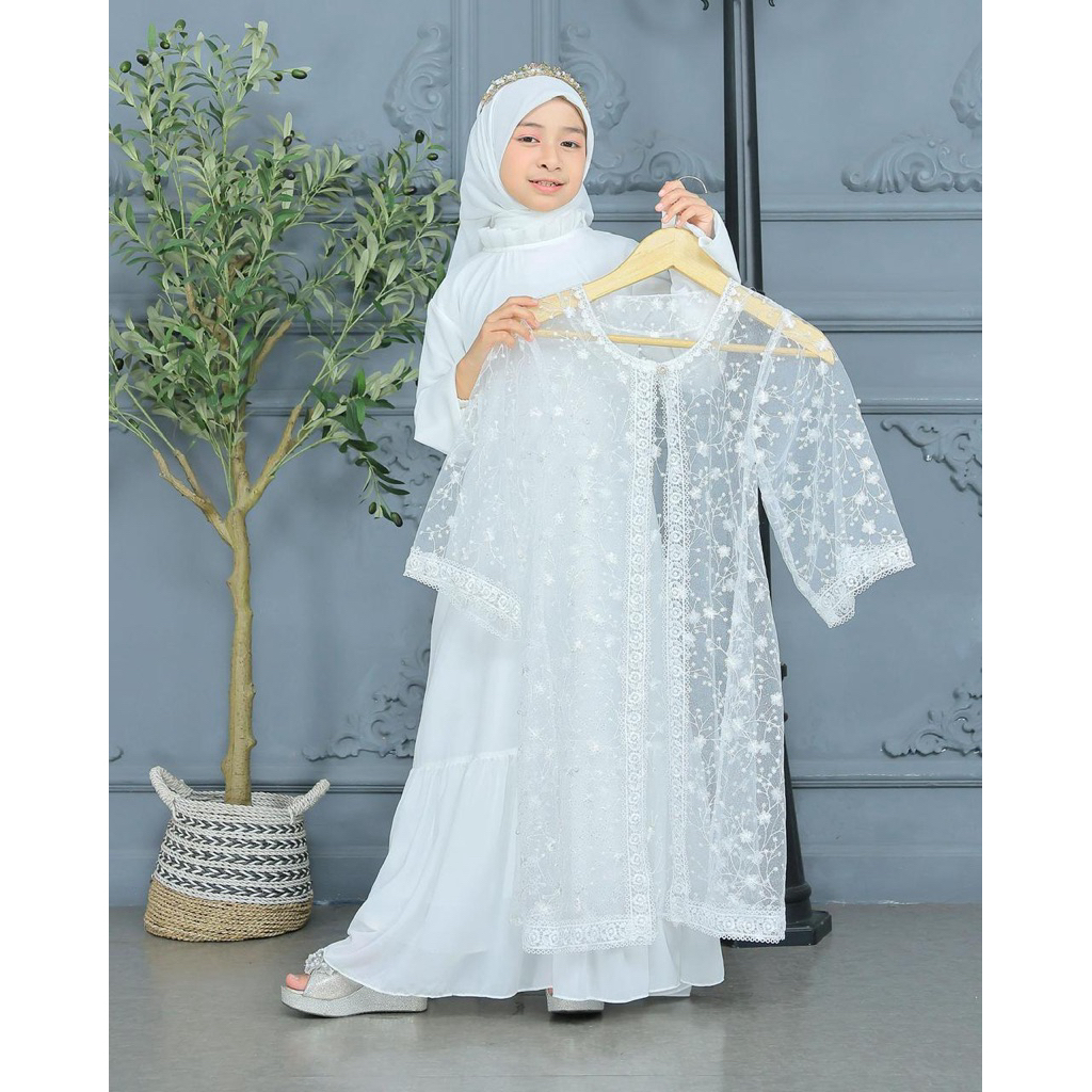 Gamis putih  rompi lepas cardigan