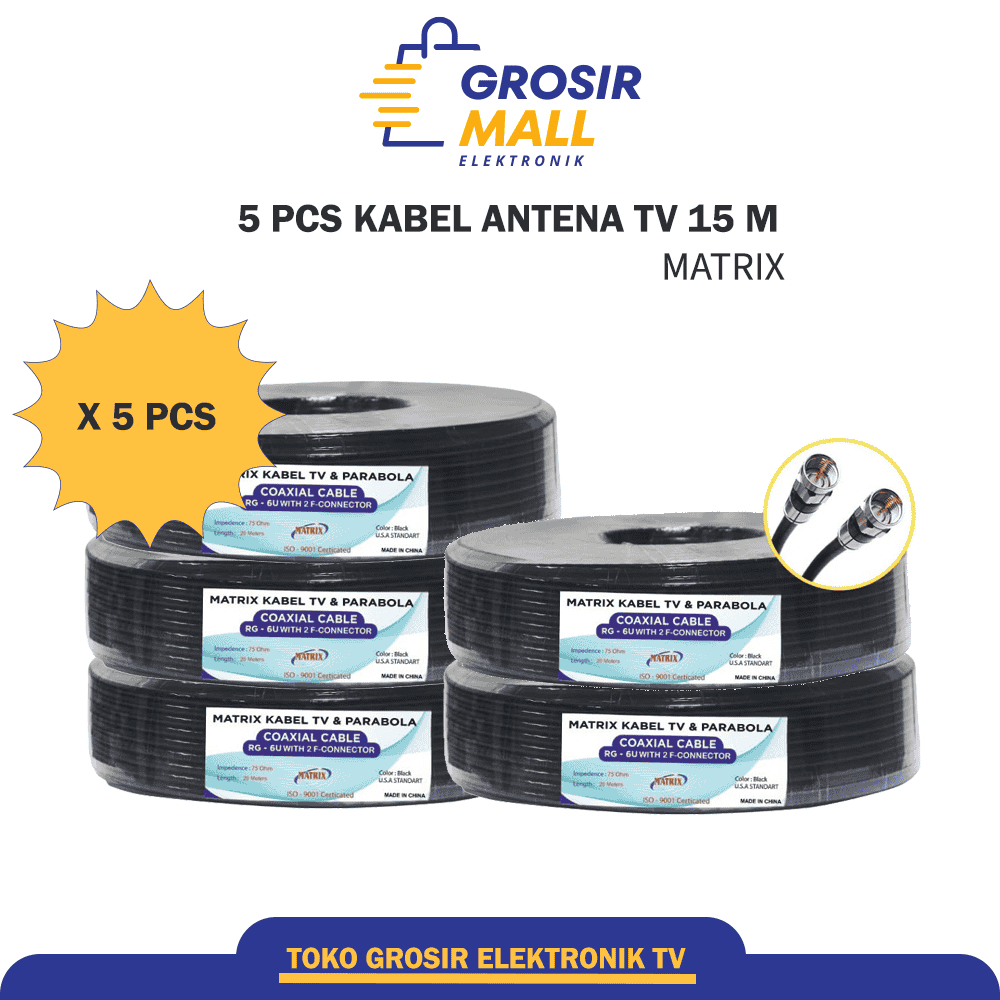 ( 5 PCS ) PAKET GROSIR KABEL COAXIAL RG6U MATRIX 15 M - JACK KONEKTOR F5 KABEL ANTENA TV / KABEL PAR