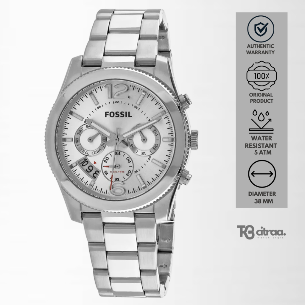Jam Tangan Wanita Fossil Boyfriend Chronograph Silver Stainless Steel Mewah Original ES3883