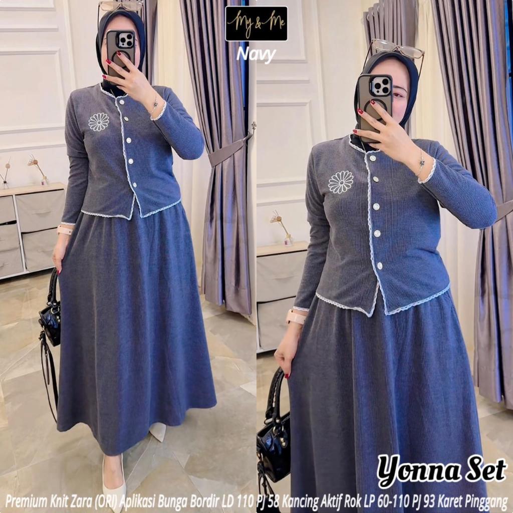 YONNA SET ORIGINAL BY MY & ME SETELAN ATASAN BORDIR BUNGA DAN ROK PREMIUM KNIT ZARA