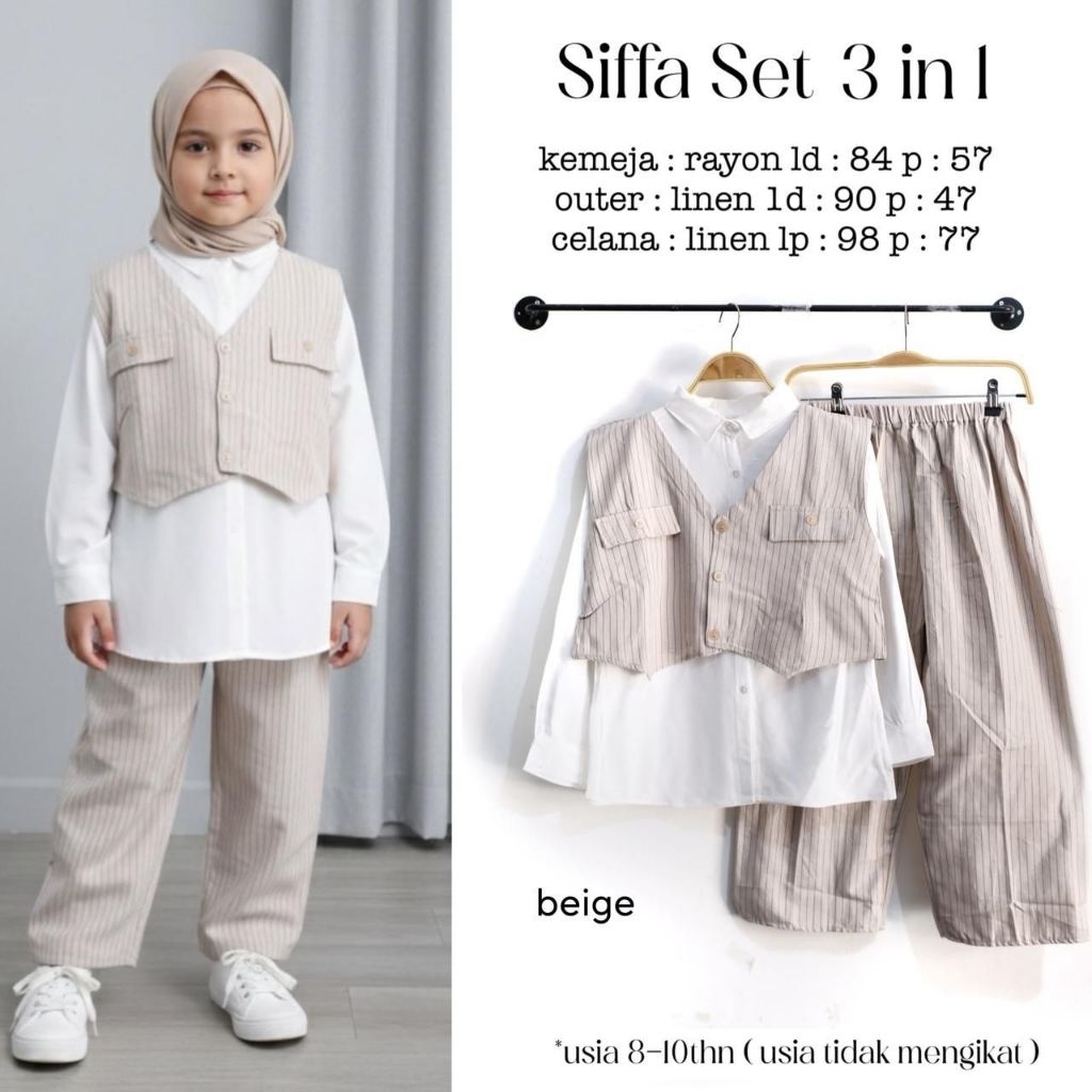 SIFFA SET KIDS 3IN1 PREMIUM USIA 8-10 Tahun - Baju Setelan Anak Perempuan Kemeja Rayon, Outer dan Ce