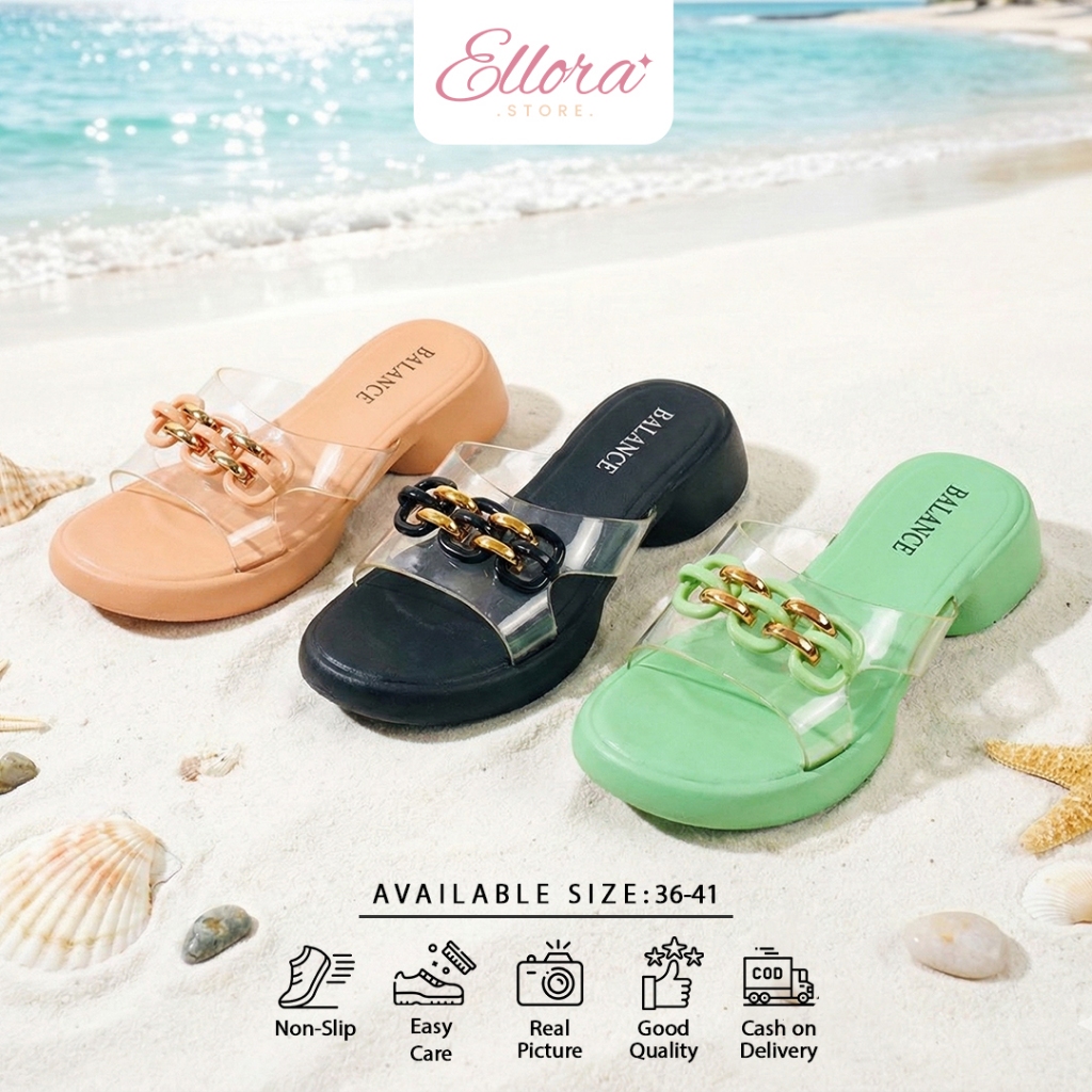 Sandal Wanita Ban Mika Rantai Gold Jelly Sendal Perempuan Wedges Murah Import Balance 1252-A2