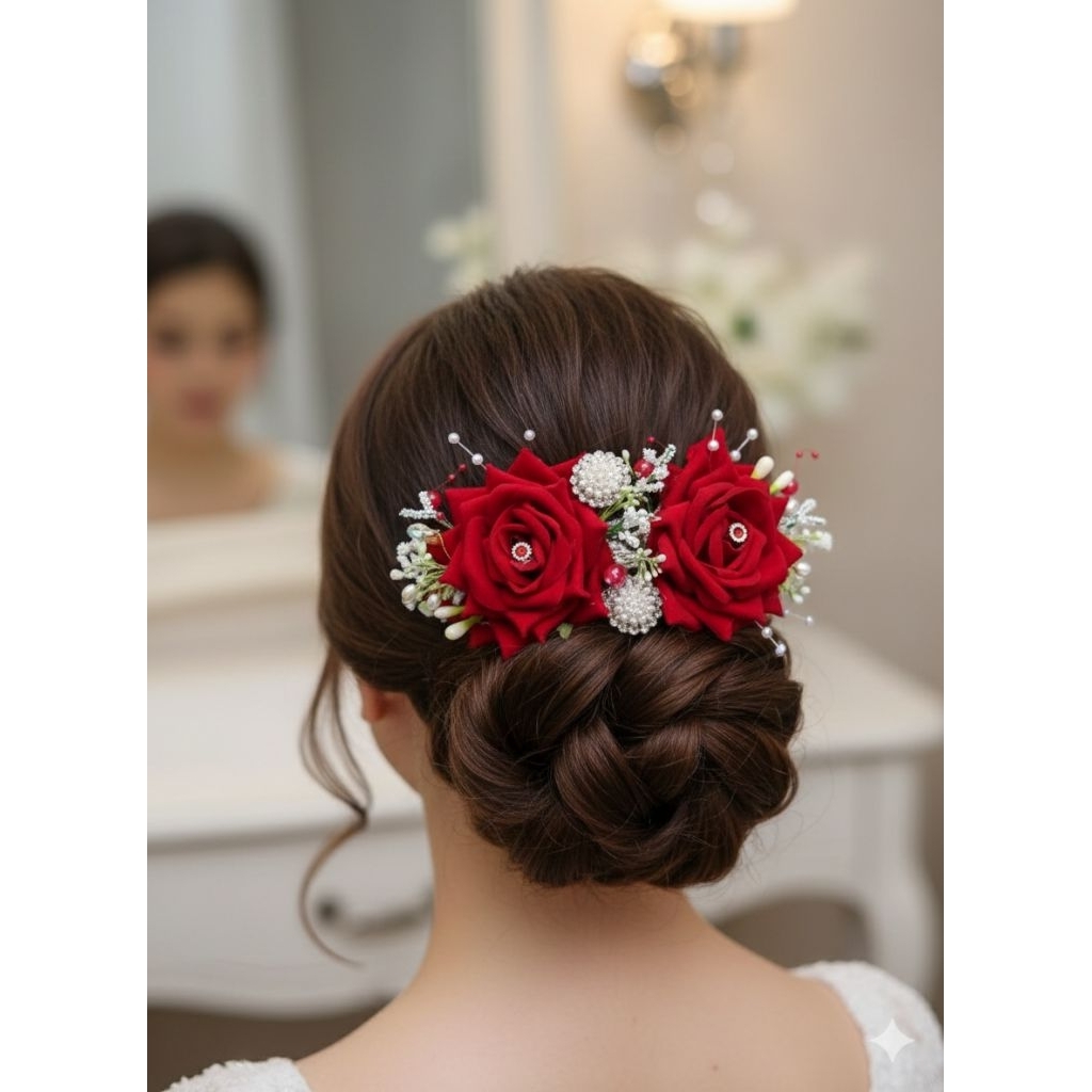 Aksesoris Sanggul Bunga Mawar / Hiasan Sanggul Bunga Mawar premium