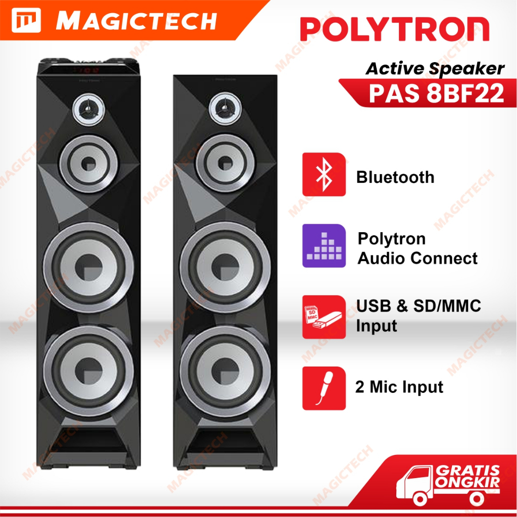 Polytron Speaker Aktif PAS 8BF22 Bluetooth 3-Way Double Woofer 8 Inch 3-Way USB Super Bass Karaoke
