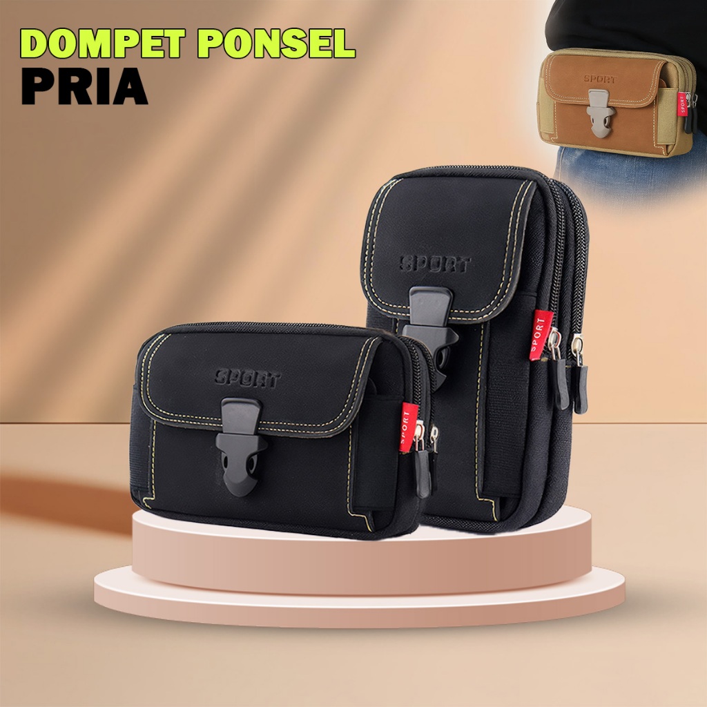 Tas Handphone Mini Pria  Bahan Kulit Dan Polyester Simple Dompet Pinggang Pria Terbaru - LW 39