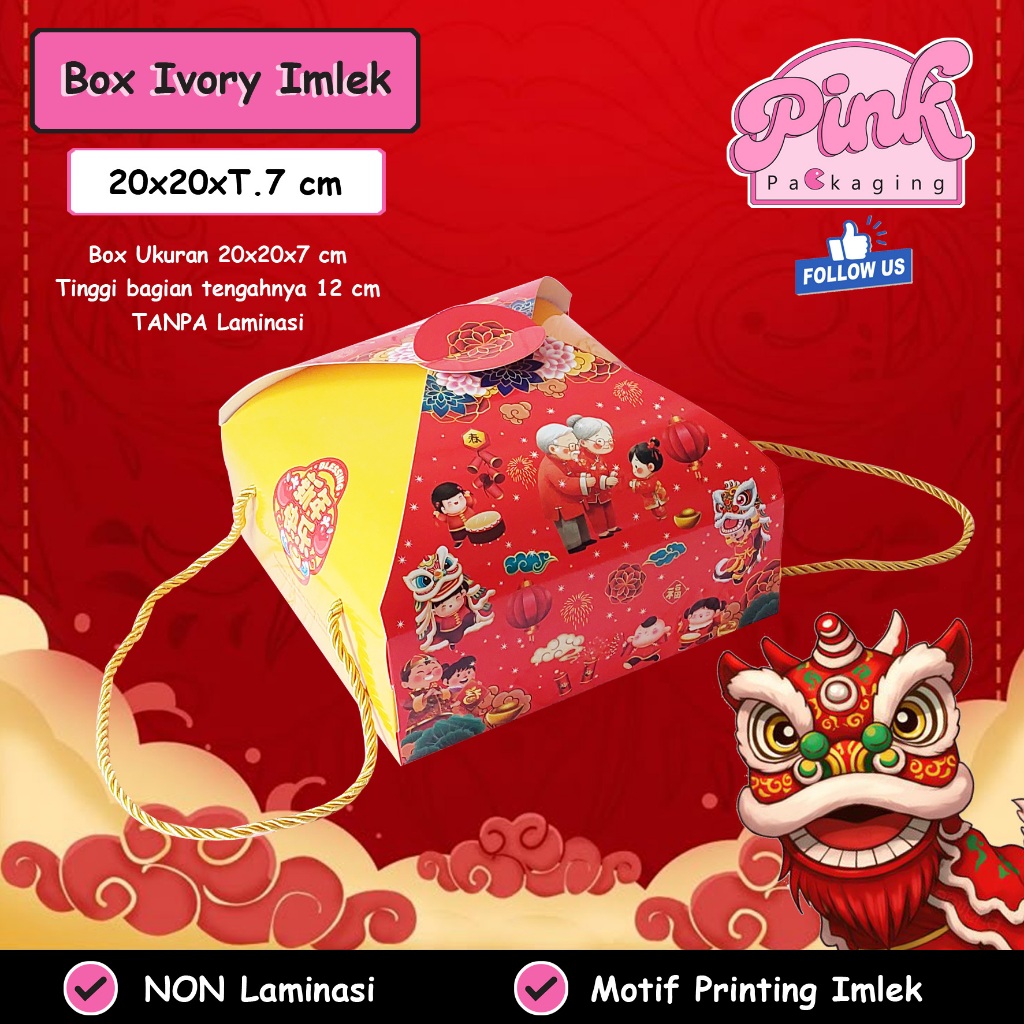Box Hampers Imlek Ivory Premium Tali 20x20x7 cm Dus Kotak Kado Imlek Merah Motif Chinese Mewah