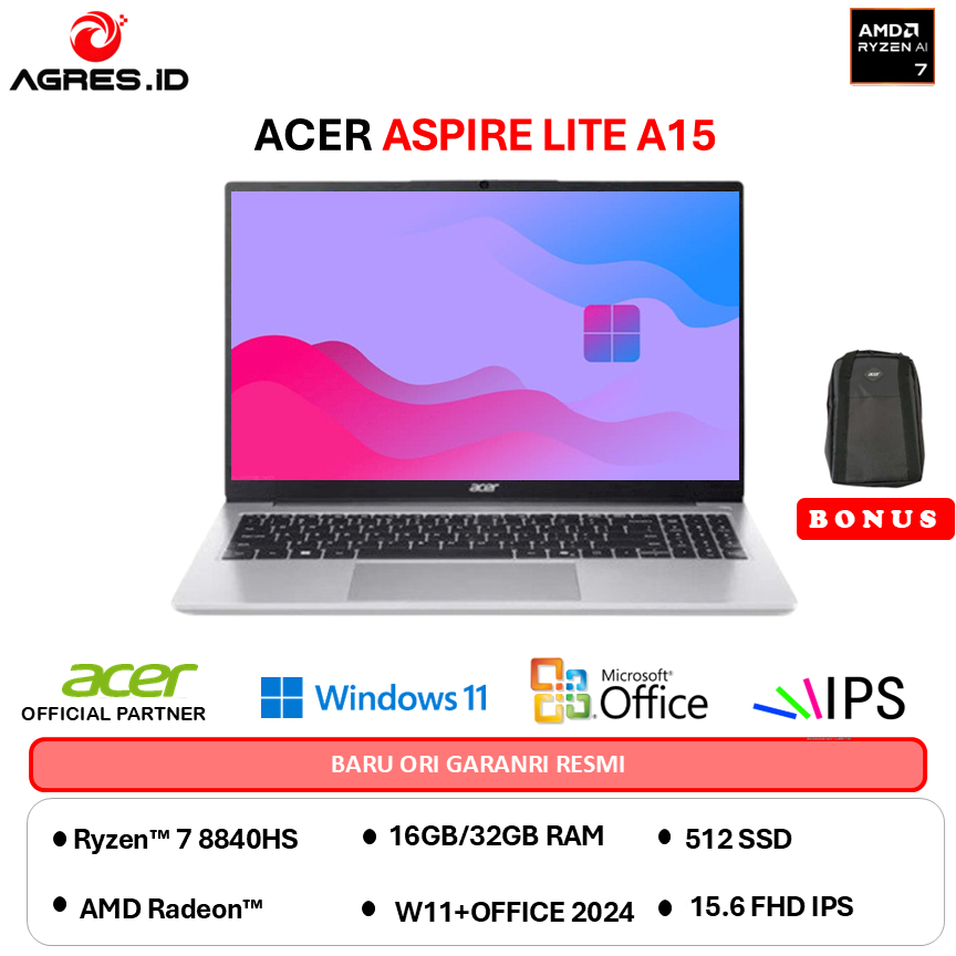 ACER ASPIRE LITE 15 AL15 AMD RYZEN 7 8840HS - 24GB 512GB W11+OHS 15.0FHD IPS -61P.R572
