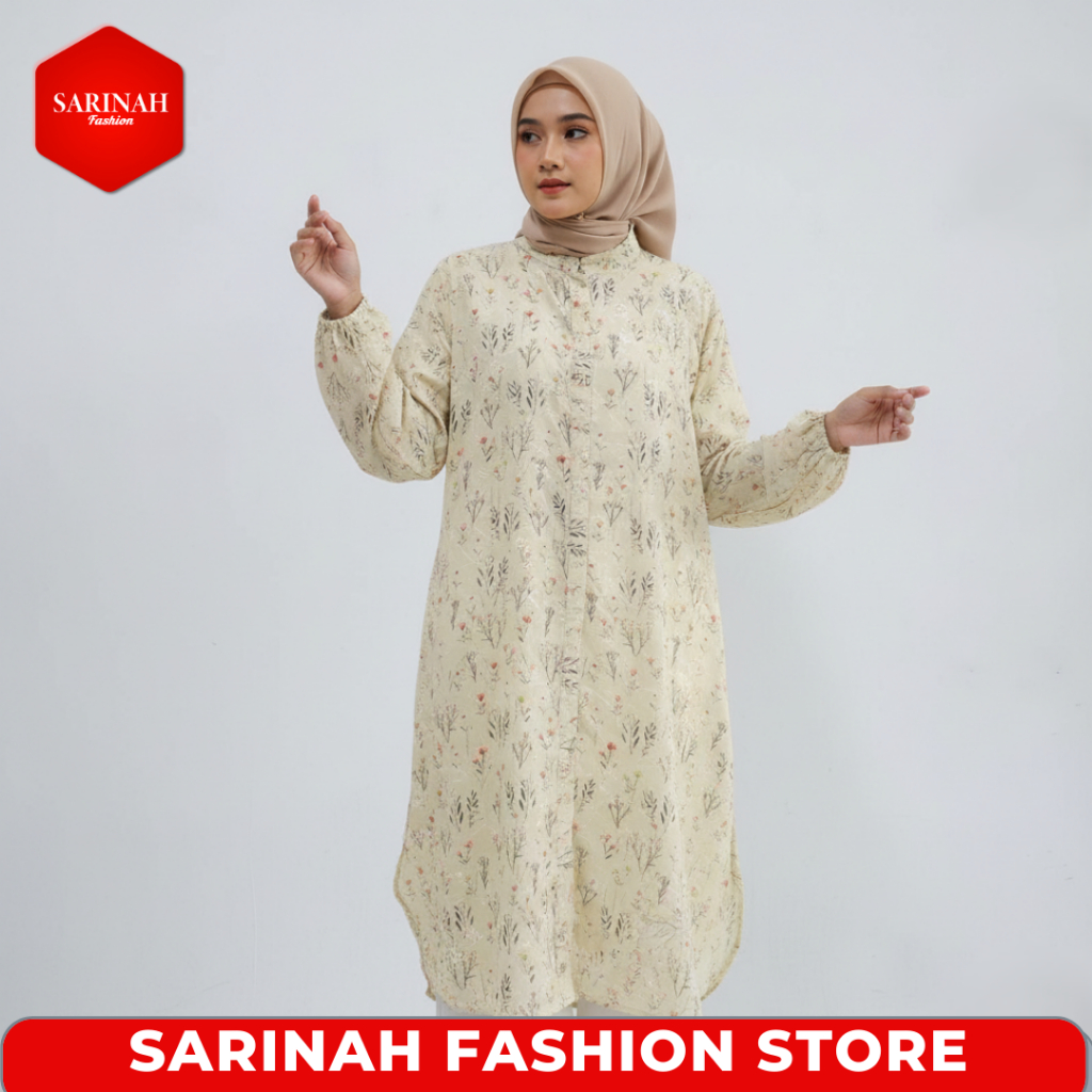 Gamis Long Tunik Wanita Muslimah Lengan Serut Motif Bunga