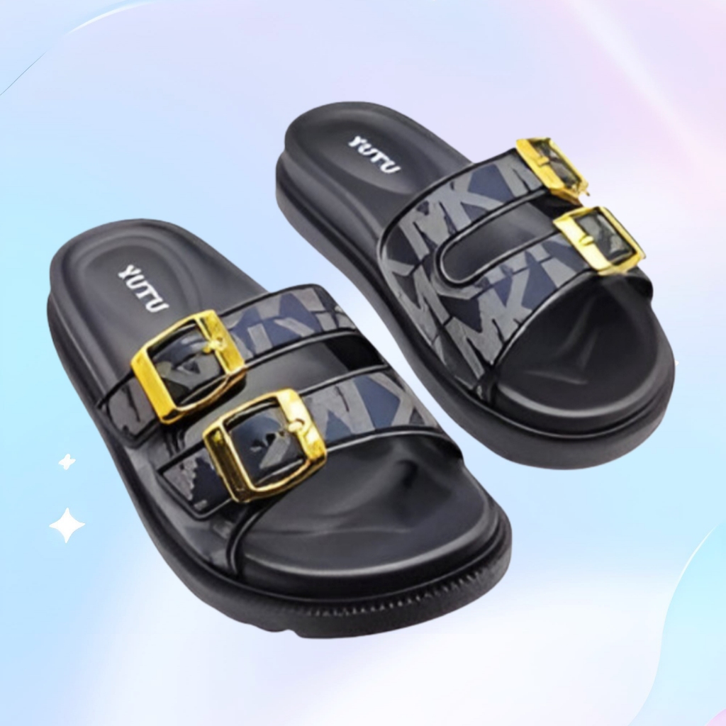 YUTU Fashion- sandal wanita Platform gesper emas Gaya Korea lembut karet Sepatu selop wanita Ukuran 