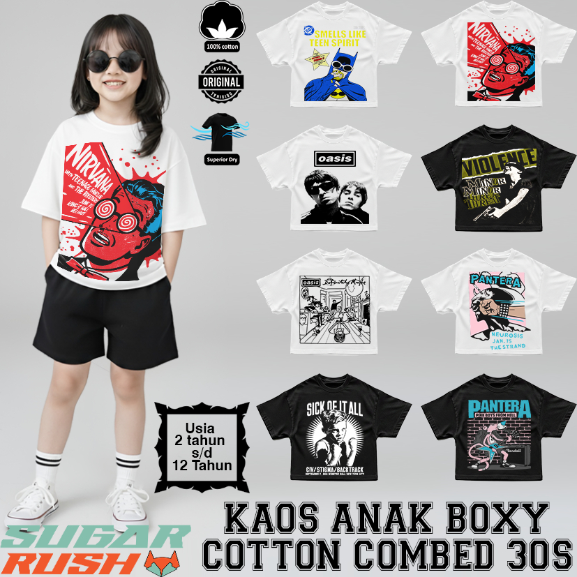 Kaos anak prempuan Oversize Boxy Motif Nirvana Oasis Pantera cotton combed 30 usia 2-12 tahun