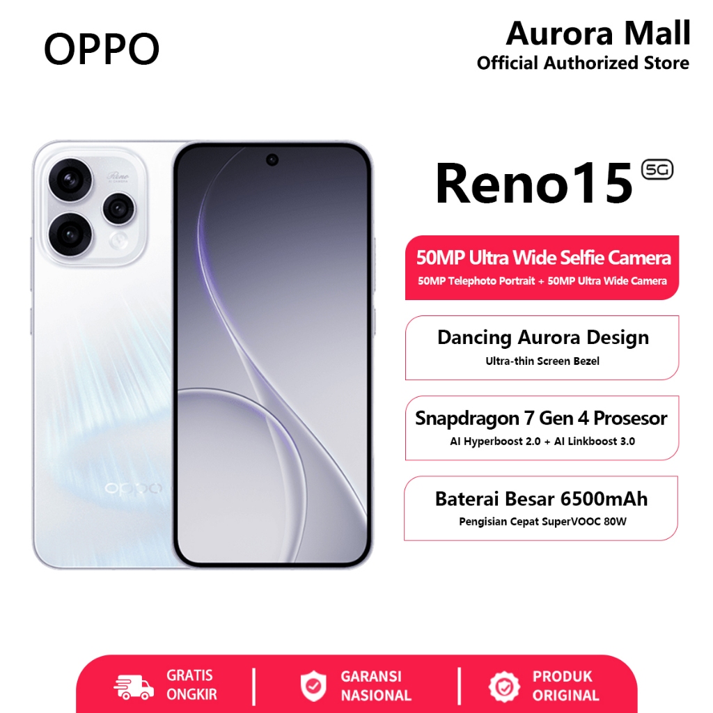 OPPO Reno15 5G 8/256GB (8GB+8GB Extended RAM) Snapdragon® 7 Gen 4 Official Store HP Terbaru 2026 Ori