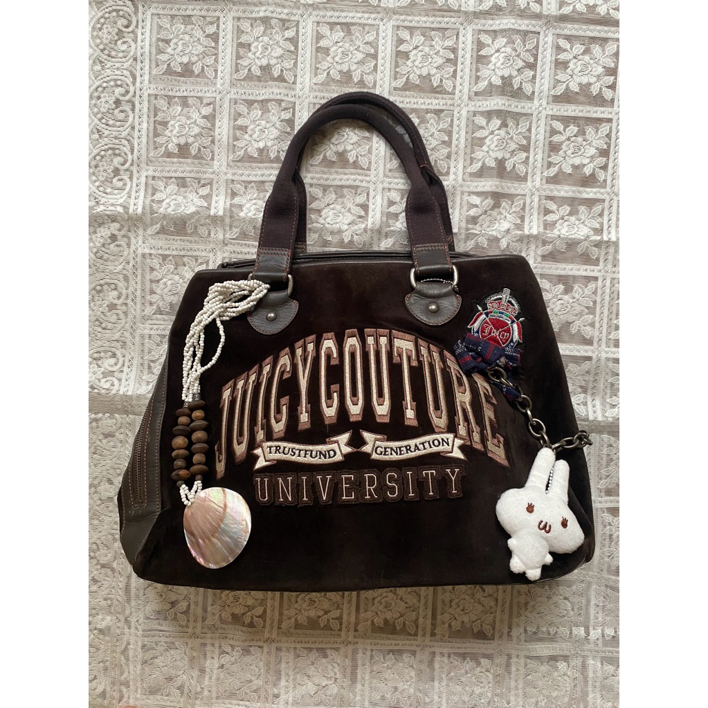 Vintage Y2K Juicy Couture Velour Velvet Leather Tote Bag Tas Kuliah Kerja