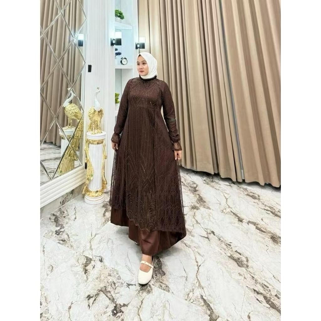 MAXI NOVIRA( M L XL XXL ) Gamis kondangan Dress silk roberto Saten kombi brukat premium Premium mewa
