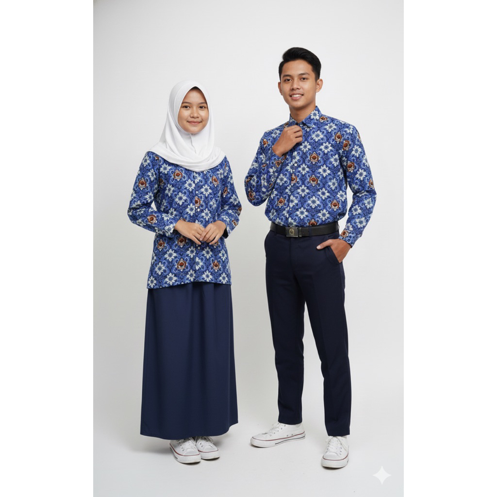 Baju Batik Sekolah SMP MTS Seragam kemeja Motif Lugina Warna Biru Nasional lengan pendek panjang