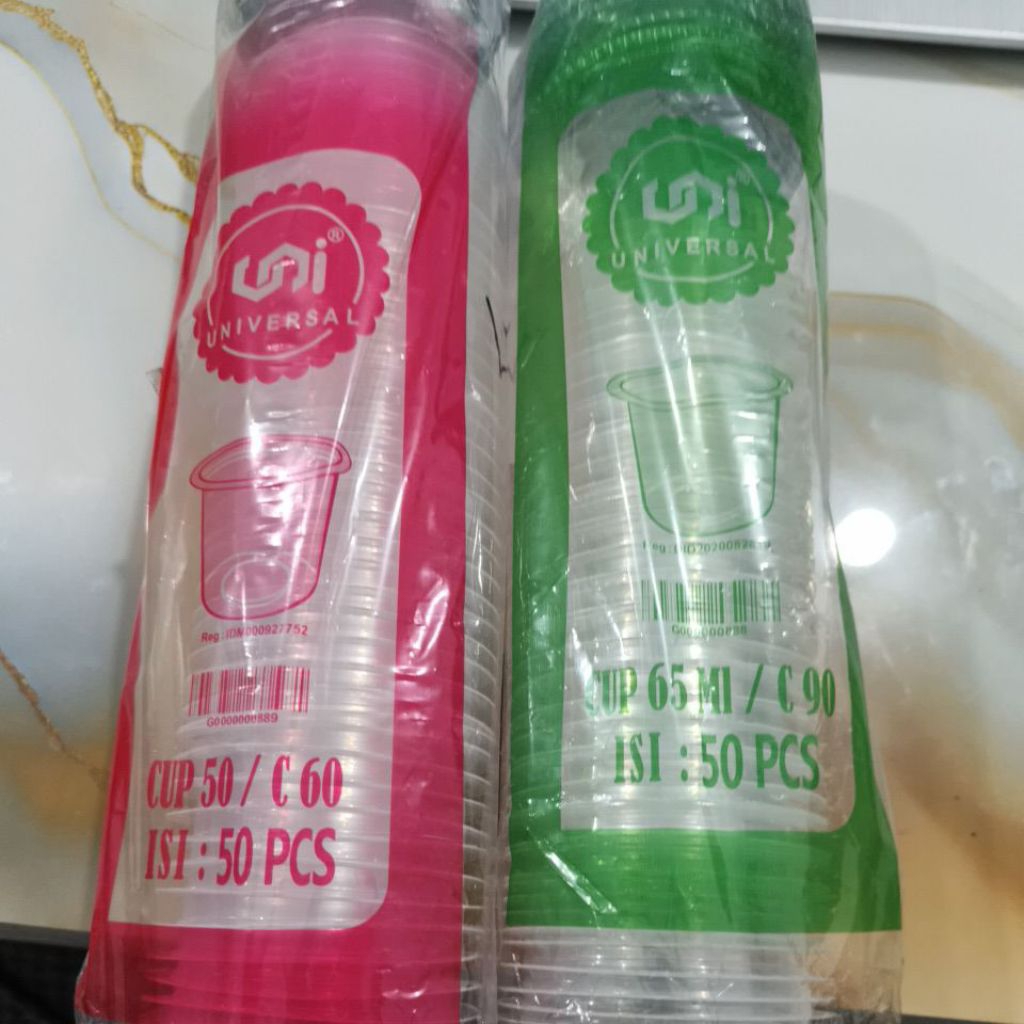 CUP PLASTIK MEREK UNIVERSAL  CUP 65ML/C90 DAN CUP 50/C 60 ISI 50 PCS