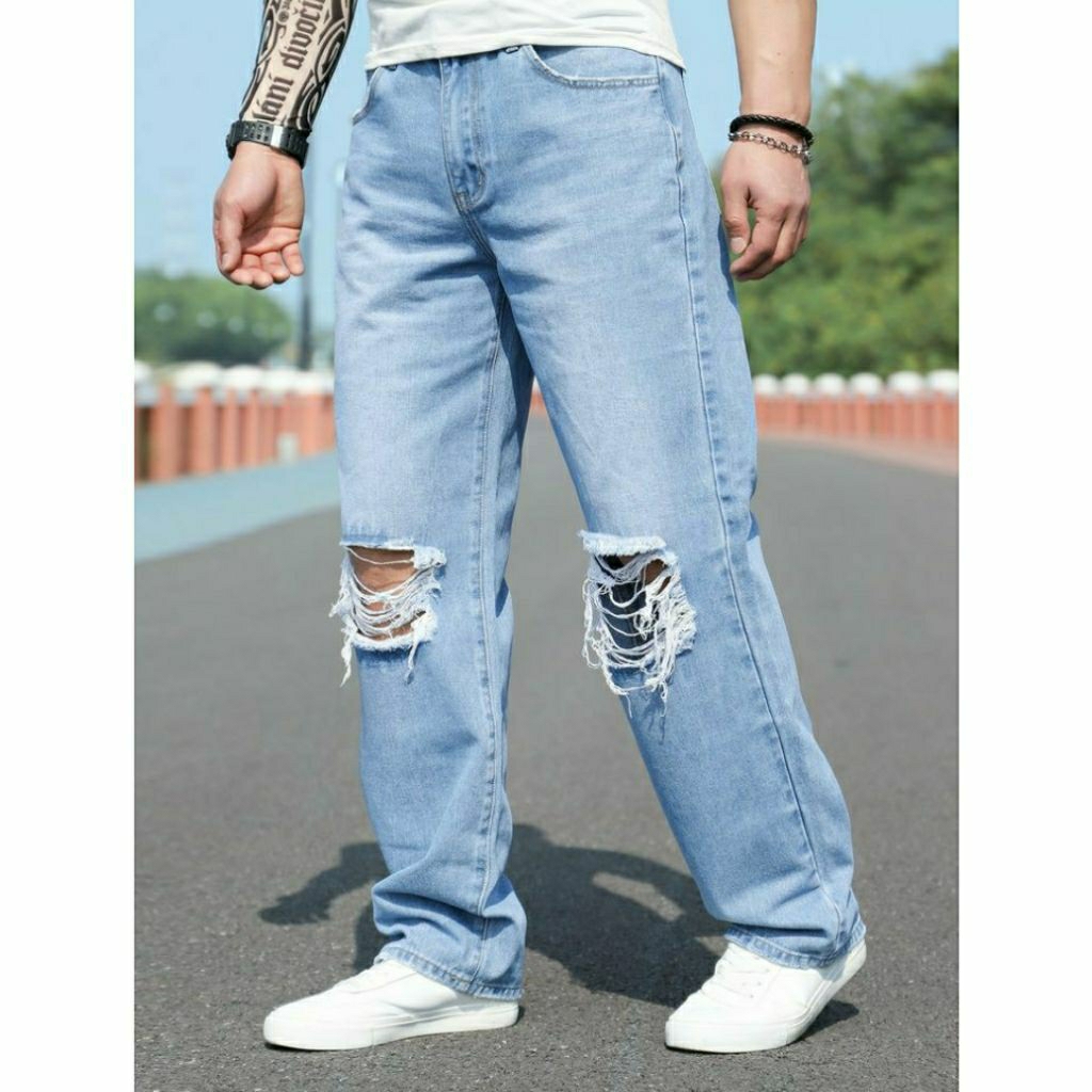 Celana Sobek Pria Ripped Jeans Standar Reguler Basic Loose Fit Longgar Denim Premium 27-38