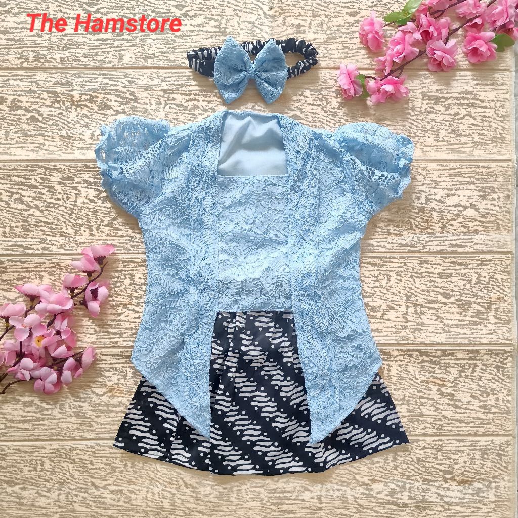 Set Kebaya Anak Bayi Perempuan 1 Tahun Kutubaru Encim Brukat Batik Baby Blue Free Bando