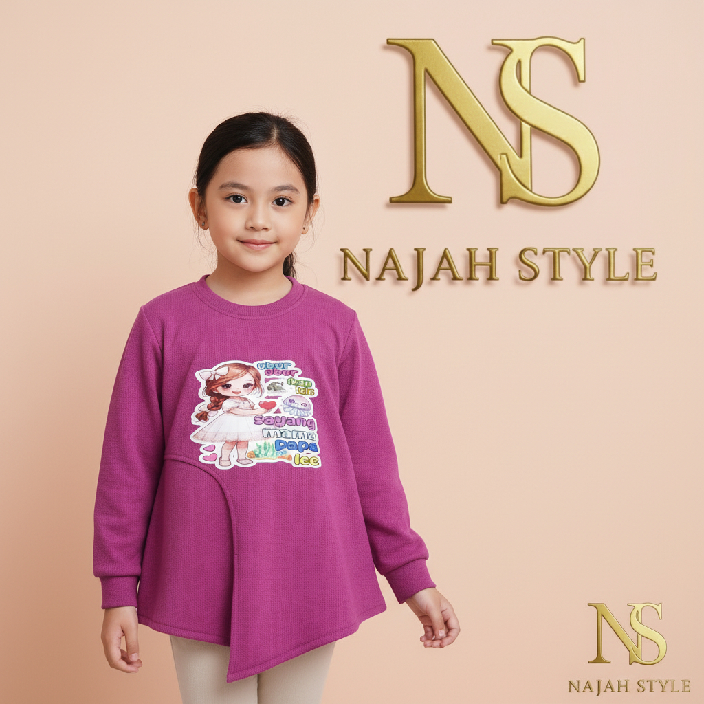 Atasan Tunik Anak Perempuan Lengan Panjang Bahan Knit Motif Kartun Asimetris Usia 1-12 Tahun