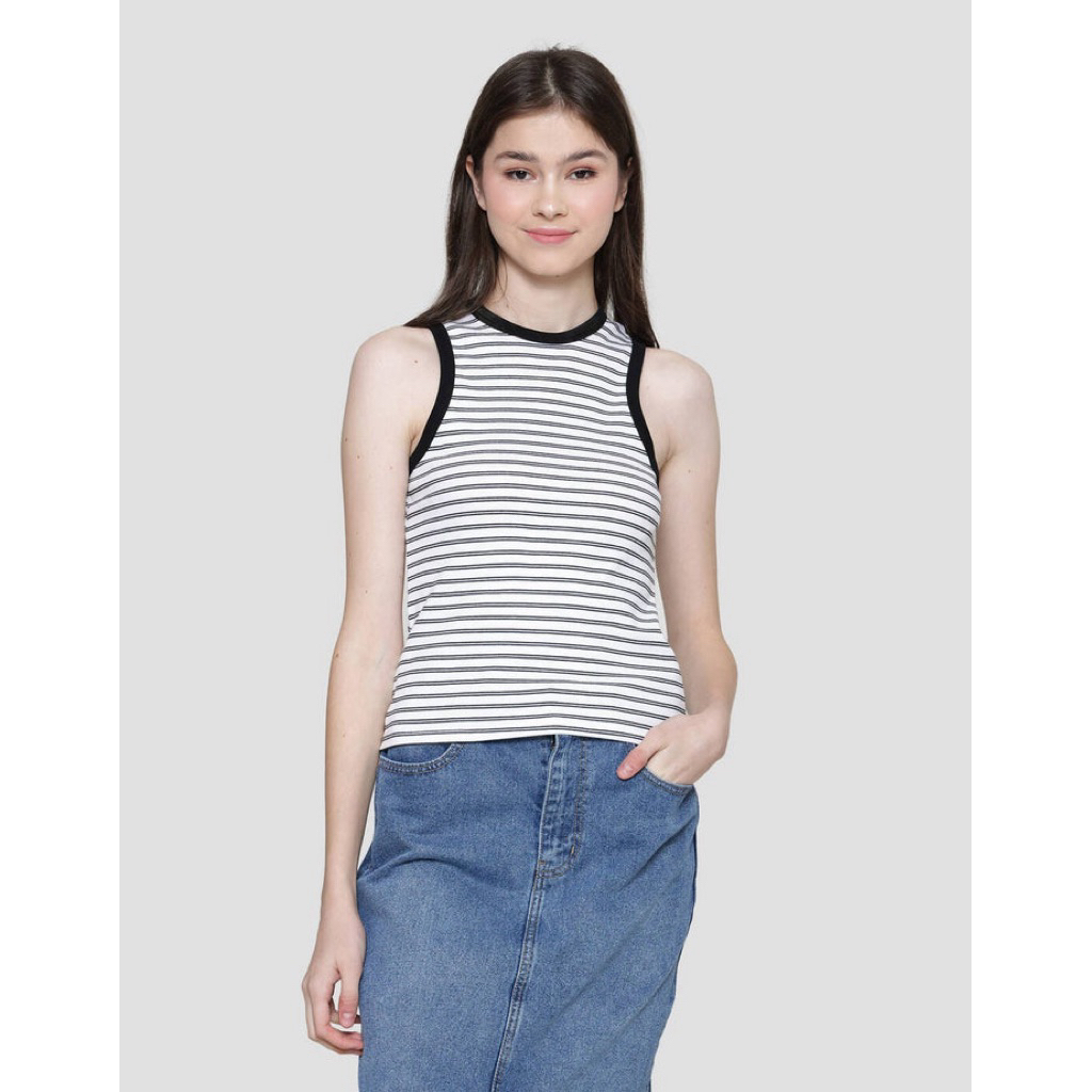 Preloved/New NEVADA Tanktop Wanita Fullprint Rib Stripe White Size S