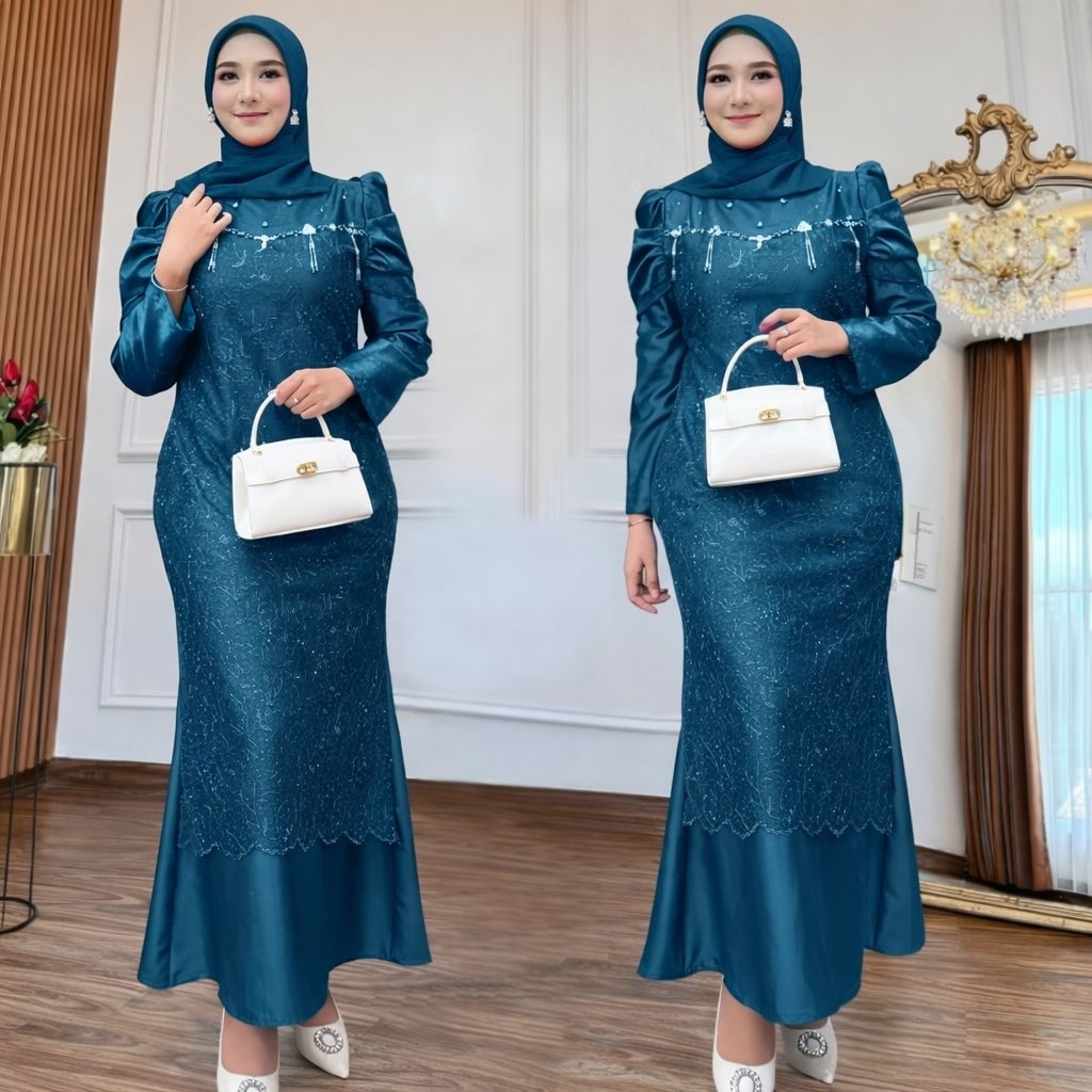 Gamis wanita pesta kondangan terbaru model kekinian muslim lebaran bahan satin Nadira NDR