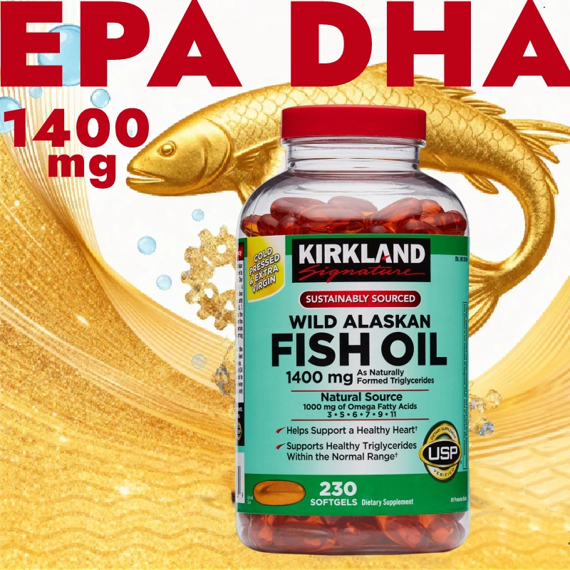 Kirkland Signature Wild Alaskan Fish Oil 1400mg 230 Softgels - Salmon laut dalam liar Omega-3 DHA EP