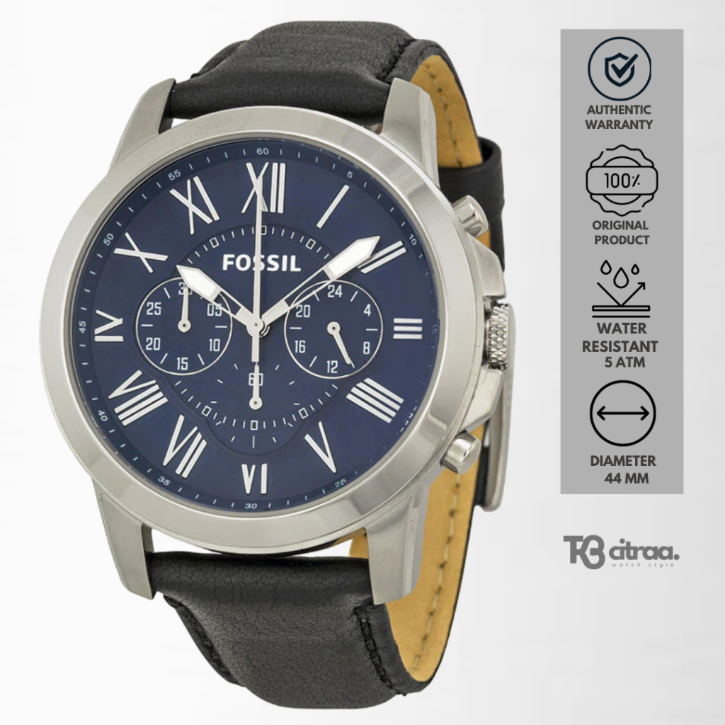 Jam Tangan Pria Fossil Grant Chronograph Kulit Black Dial Blue Casual Original FS4990