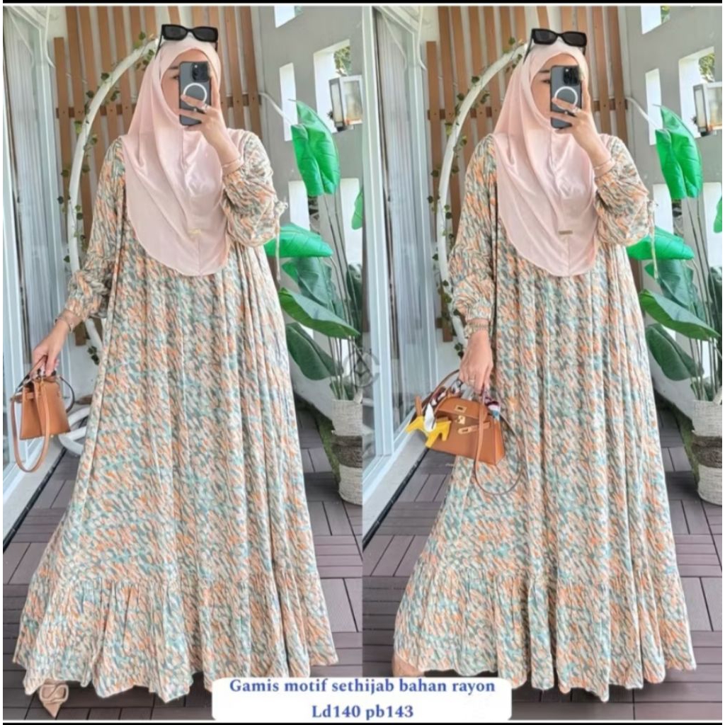Gamis rayon motif bunga lengan balon