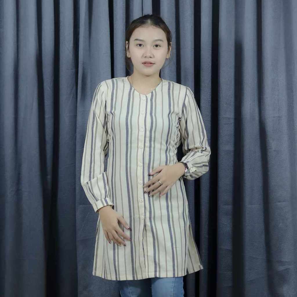 Blouse Tunik Wanita Panjang Remix RDSC608J Motif Garis Katun Premium